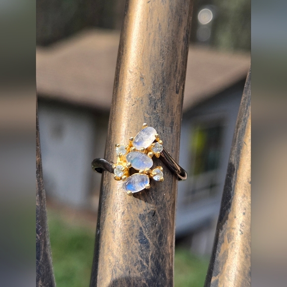 Moonstone & Topaz Natural Gemstones Sterling Rhodium & Gold Ring Sz7.25 - Picture 3 of 8